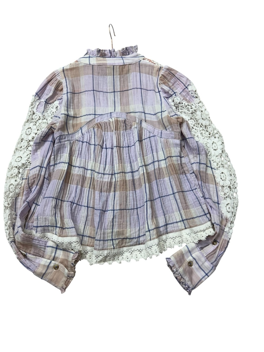 Light Purple Plaid Crochet Trim Button-Up Top - Picture 10 of 14